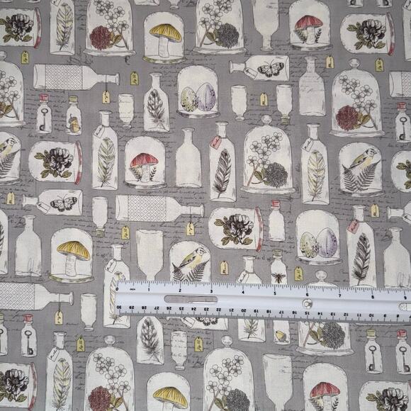 Nature Apothecary Jars with Feather, Flower, Mushroom on Gray - 1/2 Yard - Picture 2 of 8